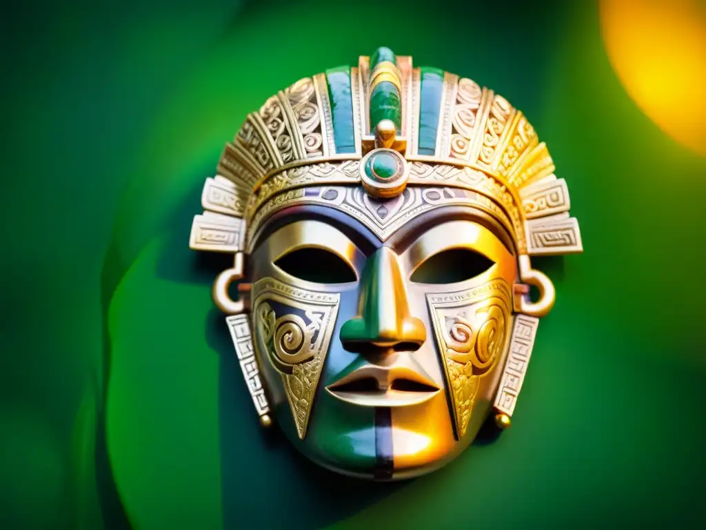 Una máscara ceremonial azteca de oro y jade en la exuberante selva mesoamericana, iluminada por un rayo de sol dorado