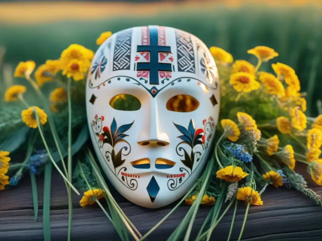 Máscara funeraria eslava tallada, rodeada de flores silvestres bajo la luz dorada del atardecer