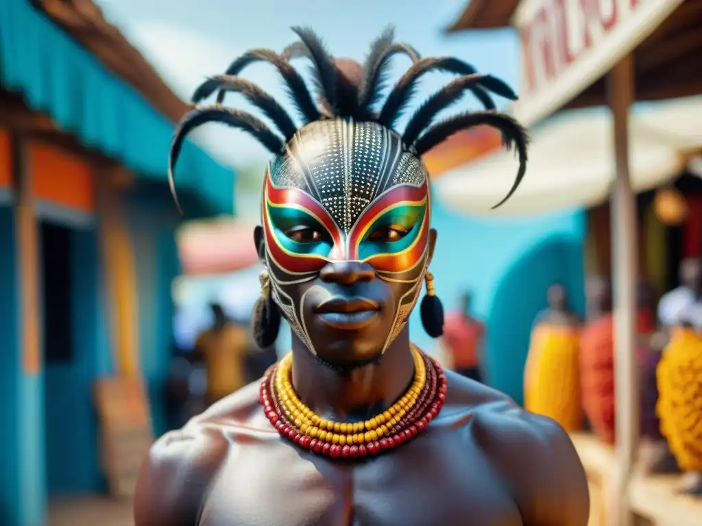 Máscara tallada de Anansi en un vibrante mercado en Accra, Ghana, con adornos de cuentas y plumas