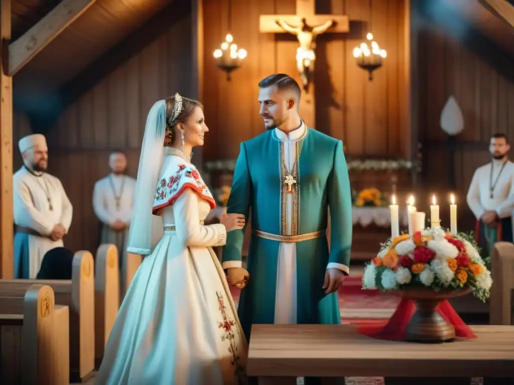 Matrimonio eslavo tradicional en iglesia de madera con ritos de paso y decoraciones florales detalladas