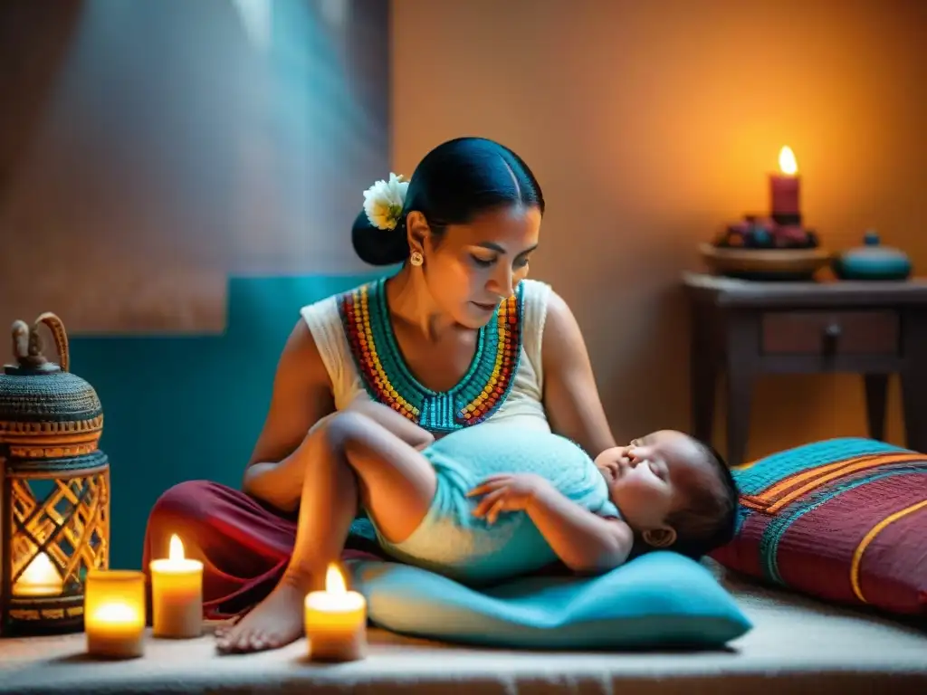 Midwife maya asistiendo parto en casa con rituales de nacimiento en culturas