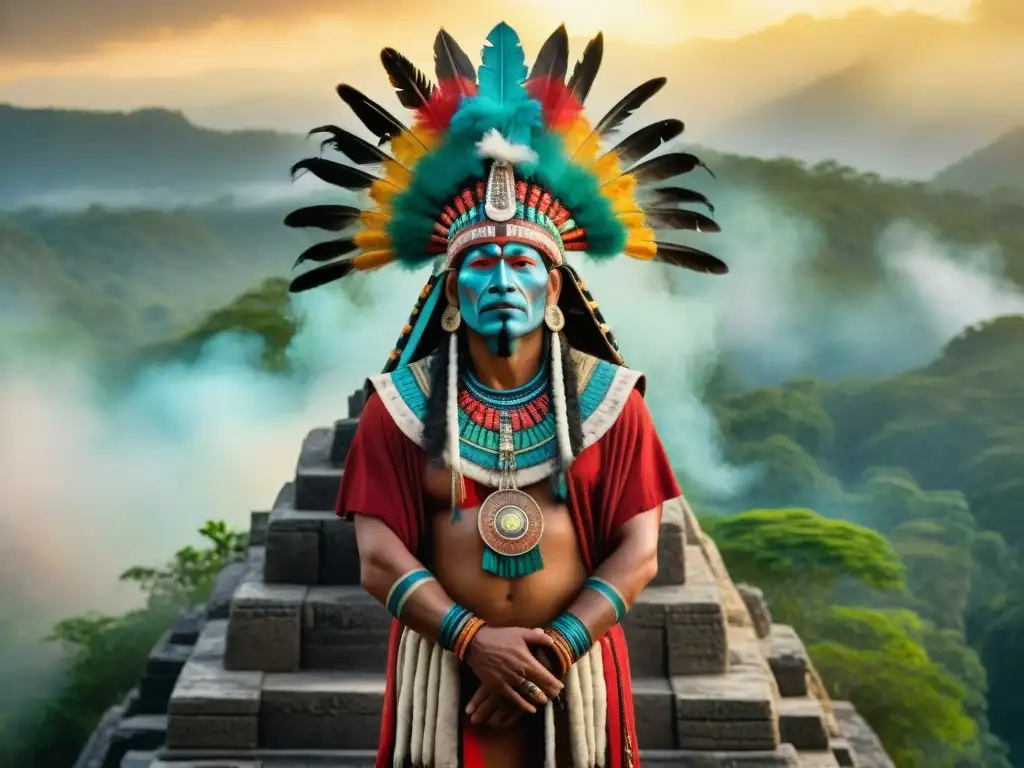 Shamán maya en trance en pirámide al amanecer, con visión profética