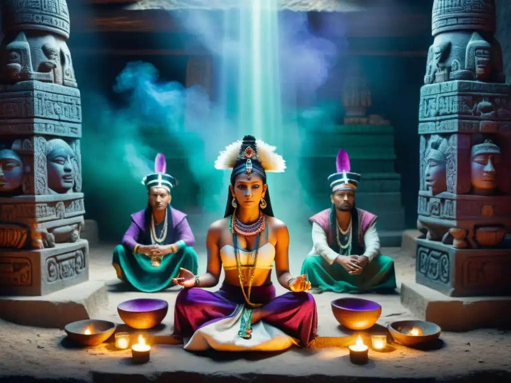 Shamans mayas realizando ritual con cristales de fluorita en templo antiguo