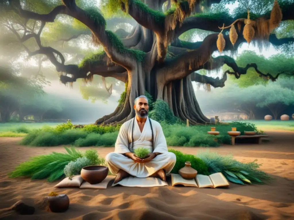 Un médico ayurvédico antiguo examina hierbas bajo un banyan, rodeado de pergaminos y plantas medicinales