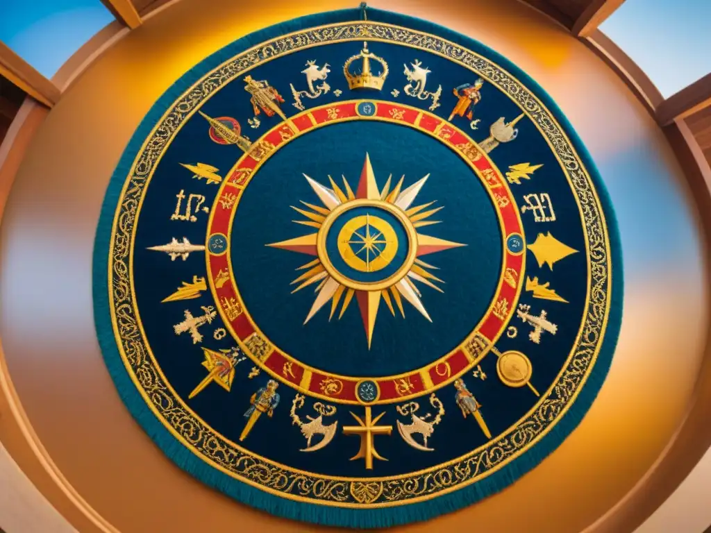 Tapiz medieval detallado de Arturo y sus caballeros en la Mesa Redonda, con astros y signos zodiacales, uniendo astrología y destino en la épica artúrica