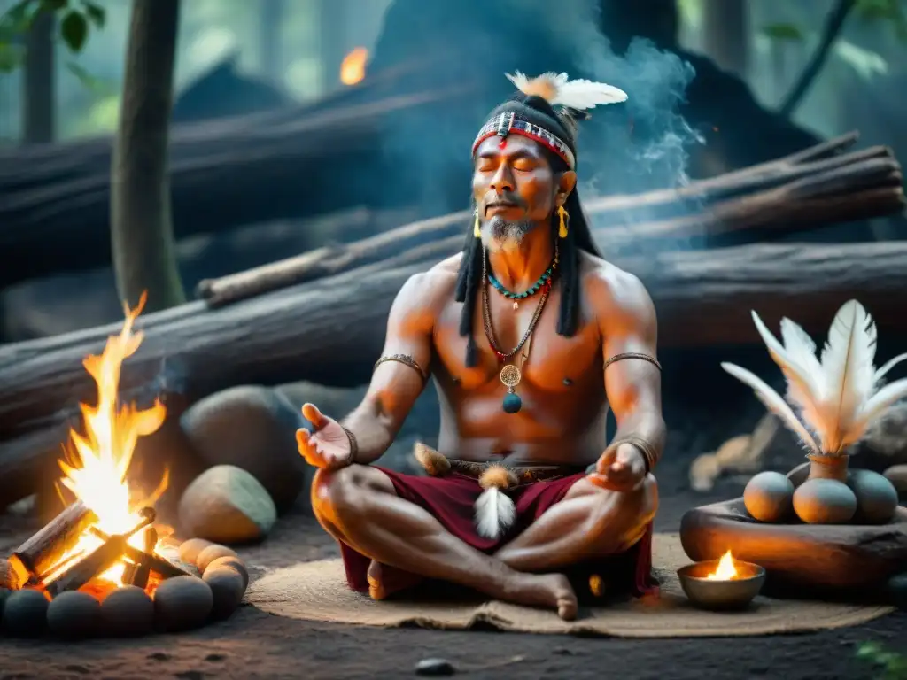 Meditaciones chamánicas nativos americanos: Un chamán meditando junto al fuego, rodeado de hierbas y plumas en la tranquilidad del bosque