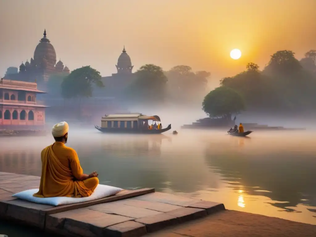 Meditadores en ashrams en India para meditar, sumergidos en la tranquilidad del amanecer sobre el río Ganges