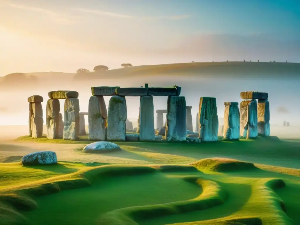 Megalitos prehistóricos misteriosas construcciones en Stonehenge al amanecer brumoso