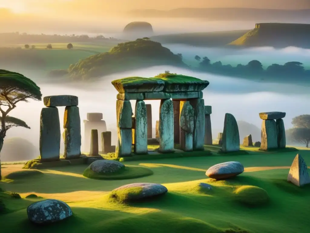 Megalitos prehistóricos misteriosos construcciones iluminadas por un amanecer vibrante, rodeadas de vegetación exuberante y neblina sutil