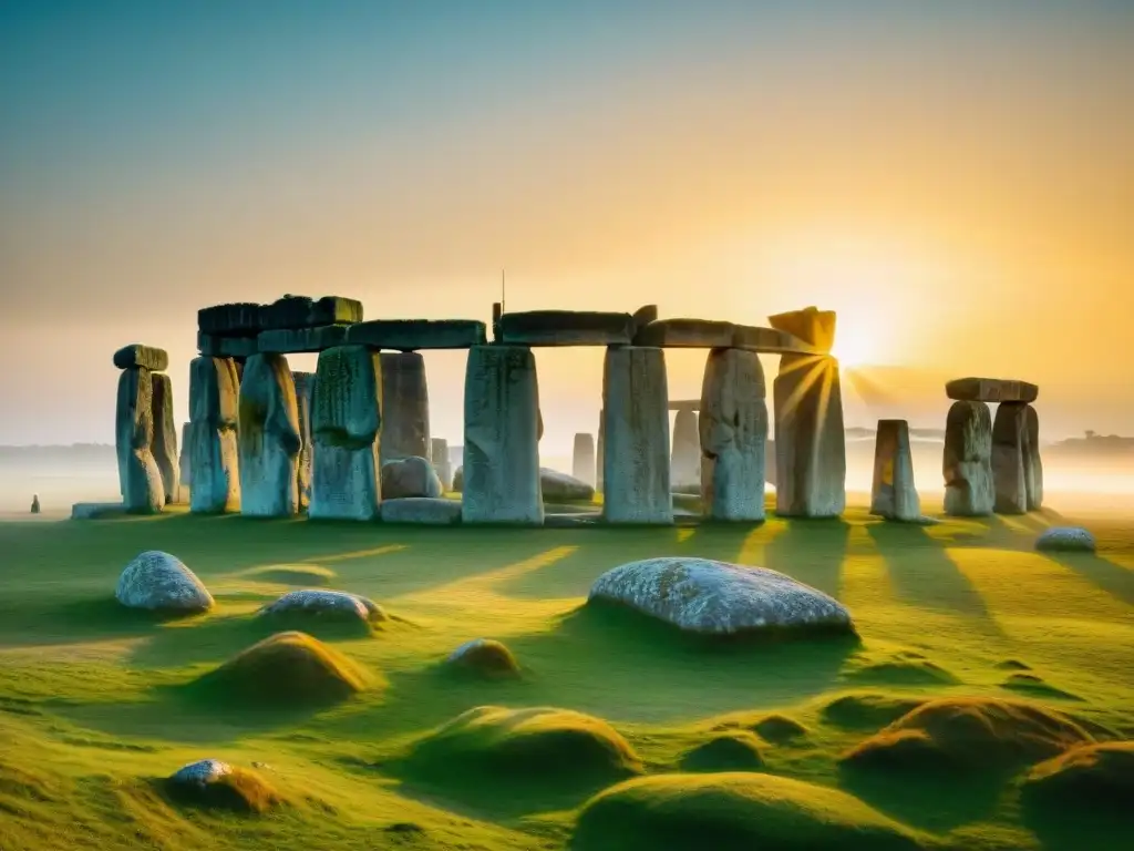 Megalitos prehistóricos misteriosos construcciones en Stonehenge al amanecer brumoso, destacando su escala masiva y grabados detallados