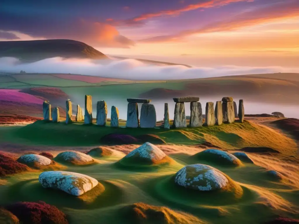 Misteriosos menhires celtas bajo un cielo vibrante al atardecer Decodificación de menhires celtas antiguos en un paisaje místico al atardecer