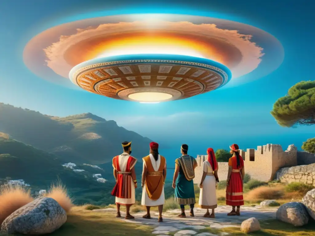 Misterioso avistamiento ovni en la antigua Creta minoica Mensaje extraterrestre en Creta Minoica: Ilustración detallada de minoicos asombrados por un objeto misterioso descendiendo del cielo