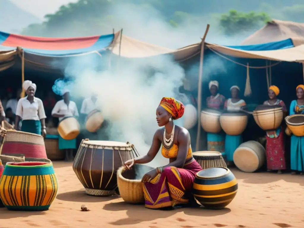 Un mercado africano bullicioso y lleno de vida, con música tradicional y coloridos textiles