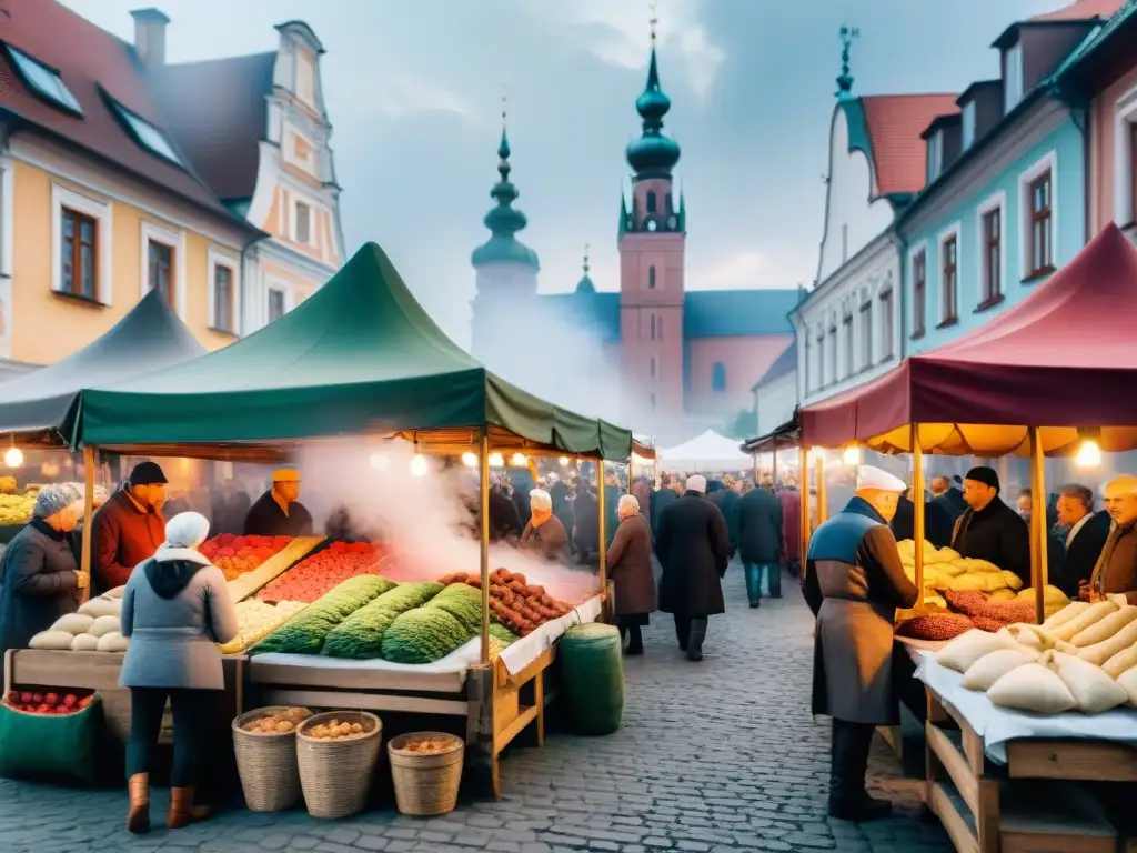 Un mercado al aire libre en Europa del Este, con puestos de comida eslava tradicional y gente local vestida con atuendos típicos