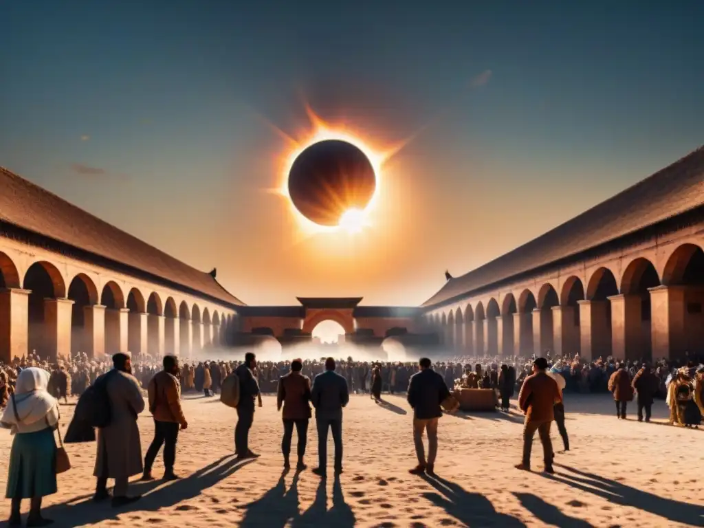 Un mercado antiguo bullicioso en un eclipse solar, impacto eclipses vida antigua