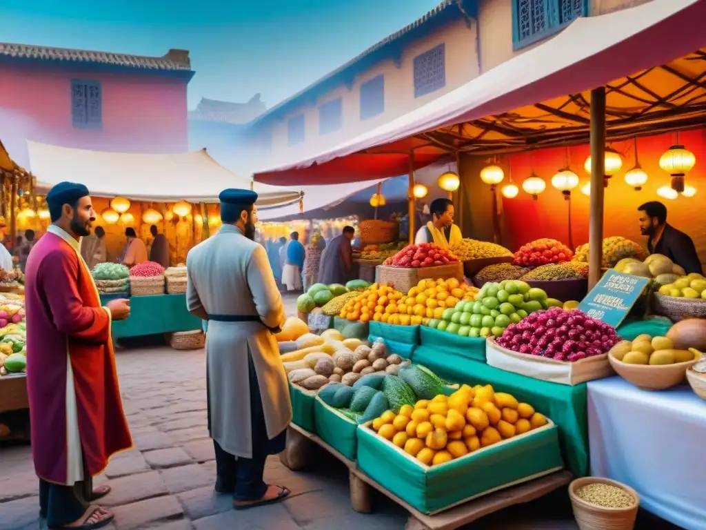 Un mercado antiguo rebosante de alimentos exóticos y coloridas escenas de comercio en la Edad Antigua