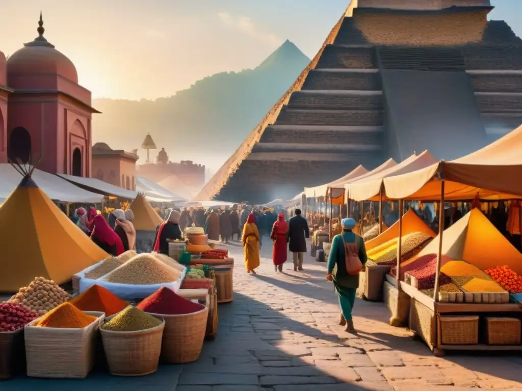 Un mercado antiguo rebosante de vida y colores, donde se venden alimentos exóticos en la antigüedad bajo la cálida luz dorada del atardecer