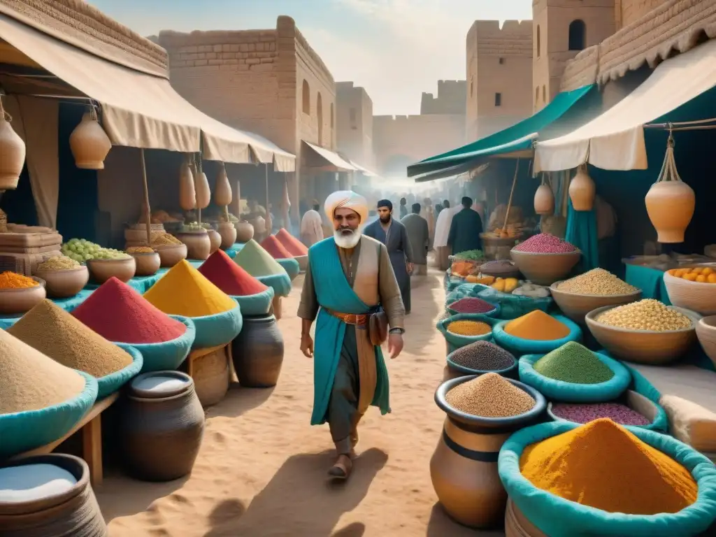 Un mercado bullicioso de la antigua Mesopotamia, con colores y aromas de sabores antiguos Mesopotamia gastronomía