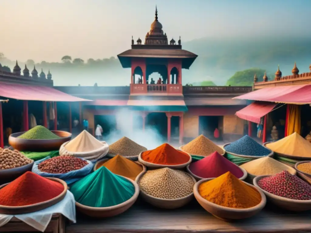 Mercado bullicioso en la India Antigua, lleno de colores vibrantes y comerciantes intercambiando especias, textiles y cerámica