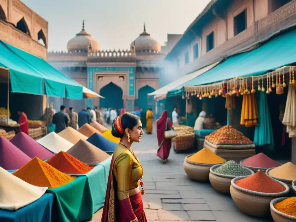 Mercado bullicioso en la India con colores vibrantes y textiles tradicionales en puestos