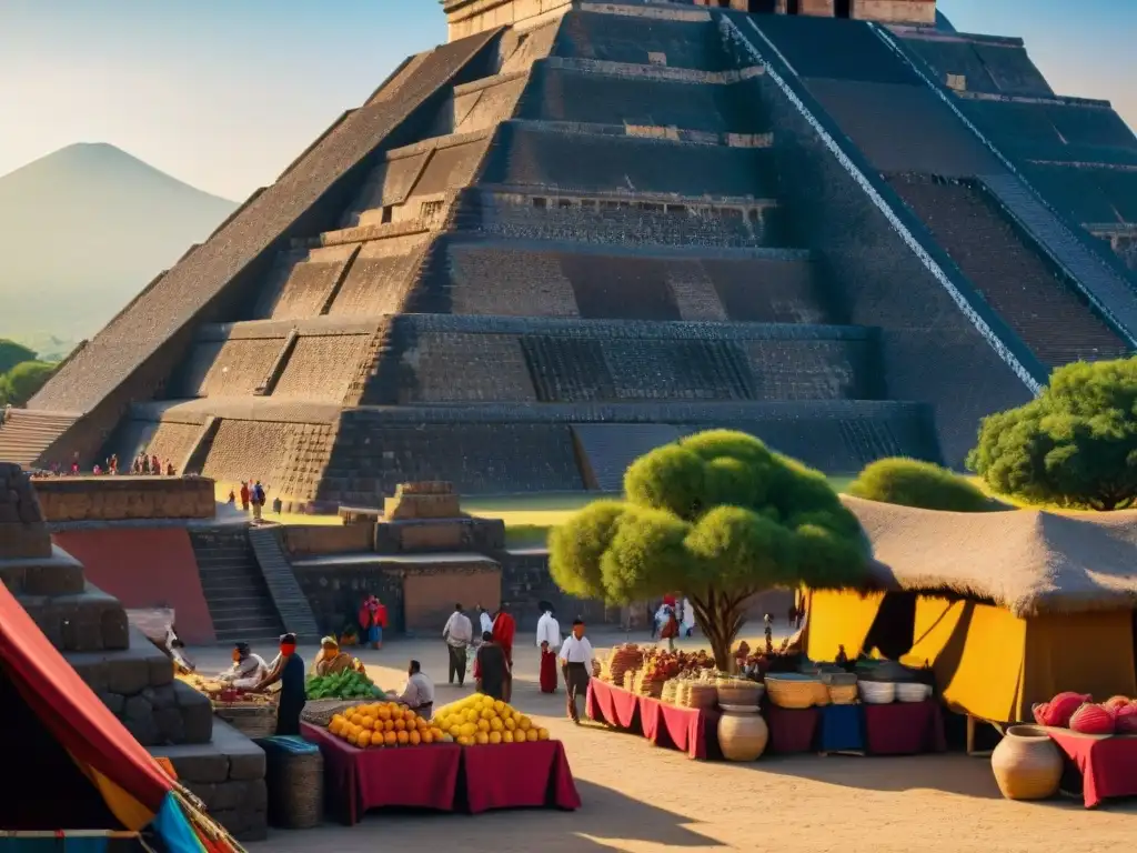 Mercado bullicioso en Teotihuacán: vendedores, textiles, cerámica y frutas bajo la Pirámide del Sol