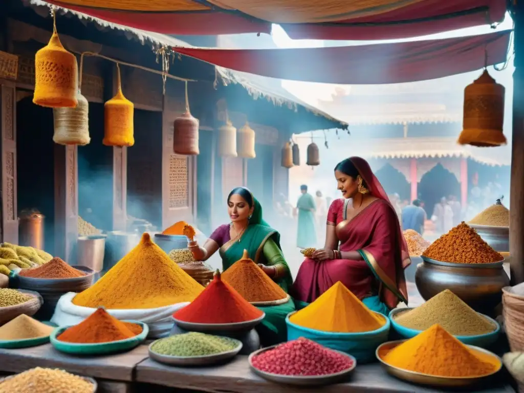 Mercado de especias en la India antigua: vendedores, aromas y colores bajo toldos, mujeres en sarees tradicionales y hombres moliendo especias