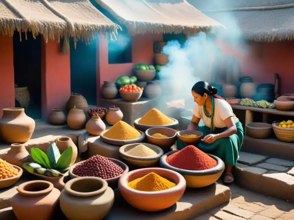 Mercado mesoamericano antiguo lleno de vida y coloridas frutas y especias