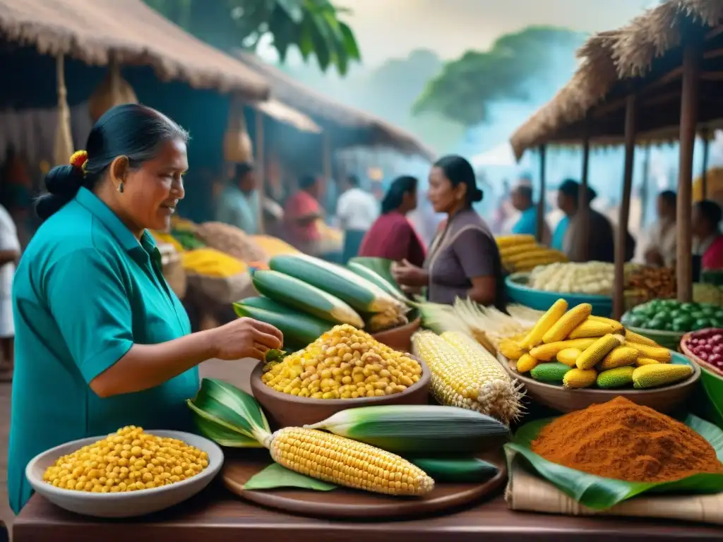 Un mercado mesoamericano vibrante con maíz, frijoles y chocolate