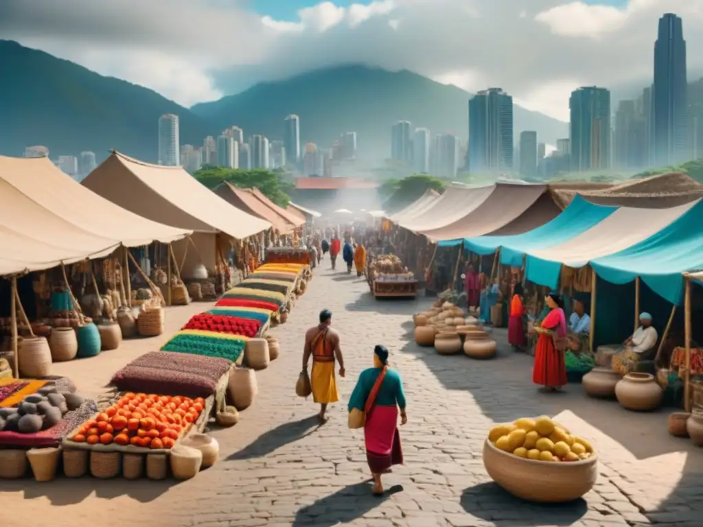 Mercado vibrante de civilizaciones precolombinas sobrevivientes en ciudad moderna