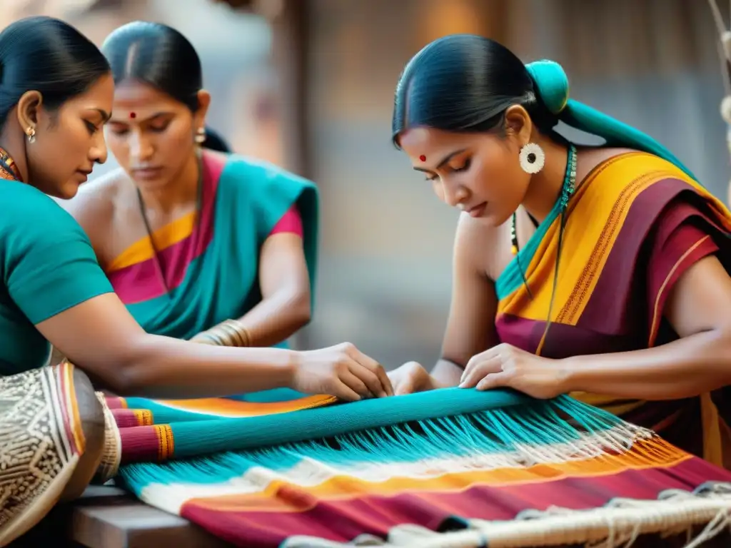 Un mercado vibrante donde mujeres indígenas realizan rituales de tejido como prácticas, creando una rica diversidad cultural