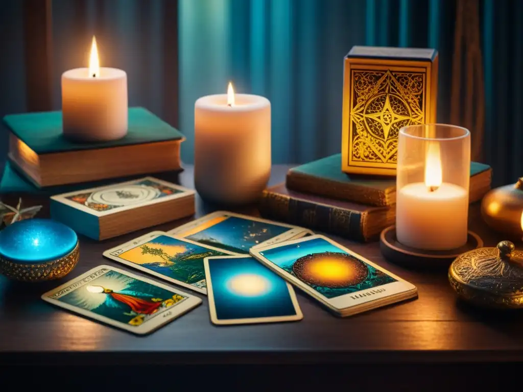 Una mesa antigua iluminada por velas con cartas de tarot detalladas y libros de astrología, alquimia y adivinación