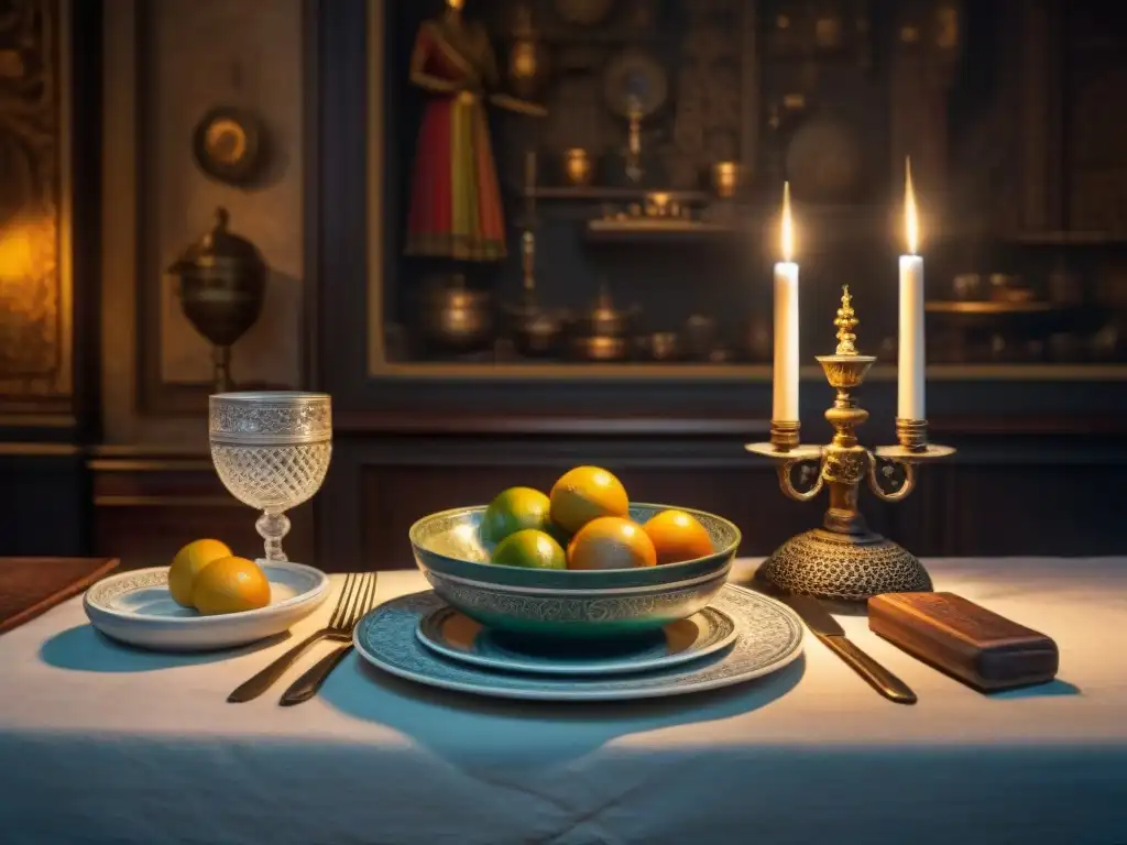 Una mesa de comedor antigua con utensilios intrincados y restos de comida, en una habitación misteriosa