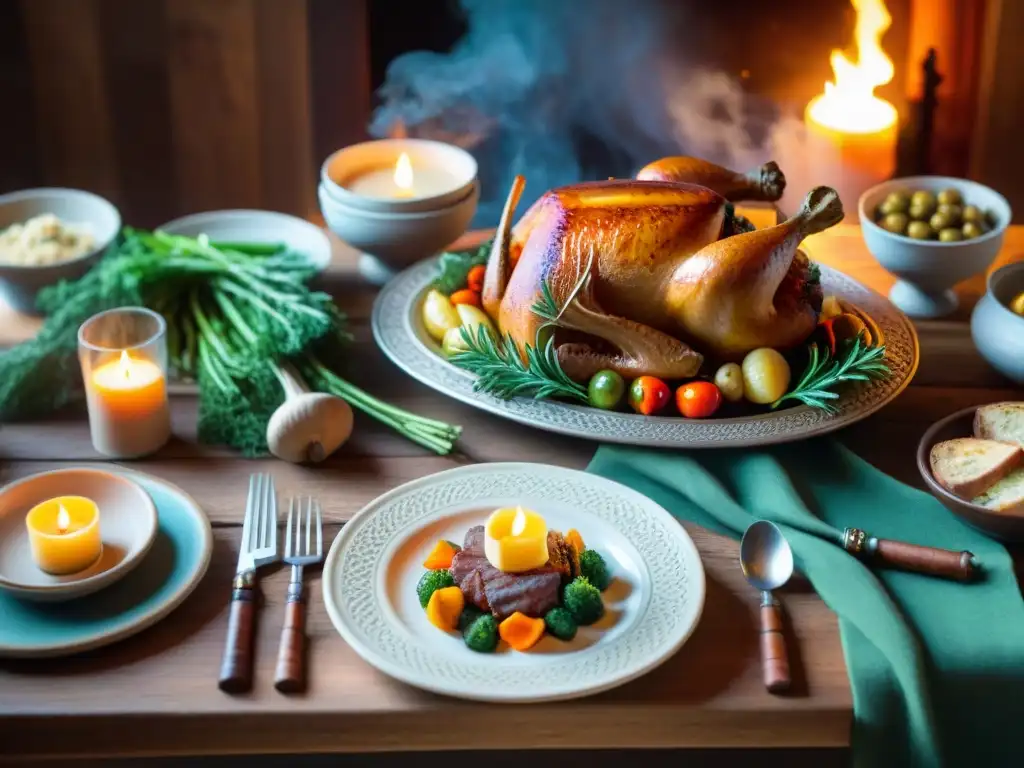 Una mesa de festín celta con manjares tradicionales, resplandeciendo en colores y sabores antiguos