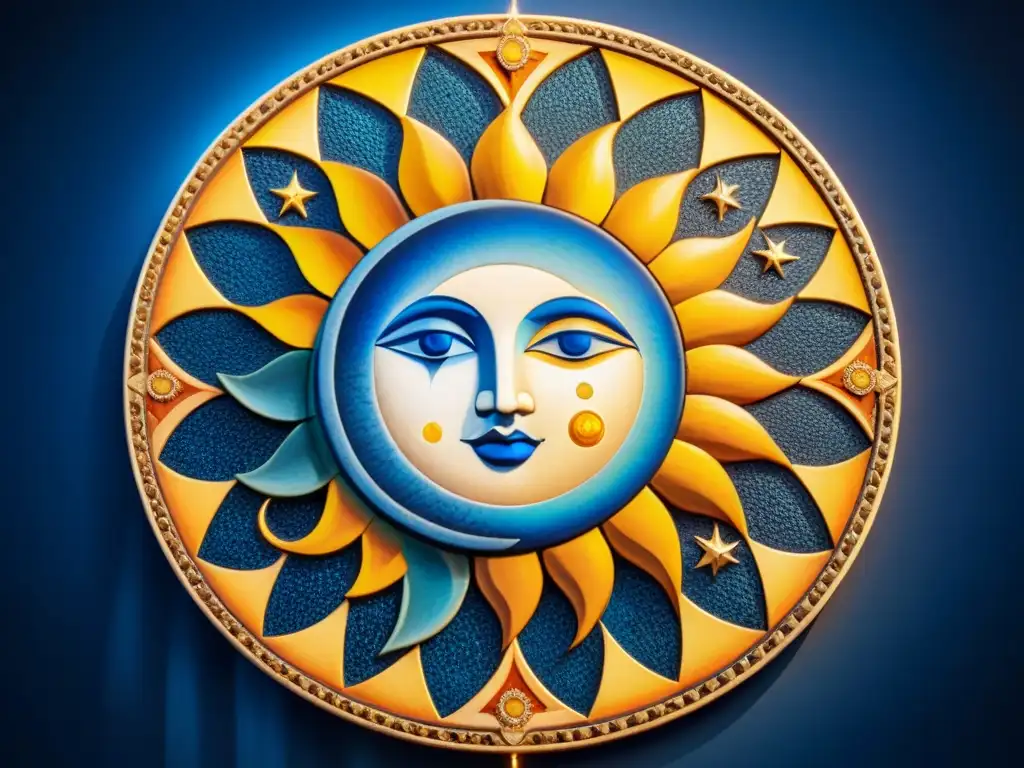 Una mesa de mosaico con el sol y la luna entrelazados en una danza celestial