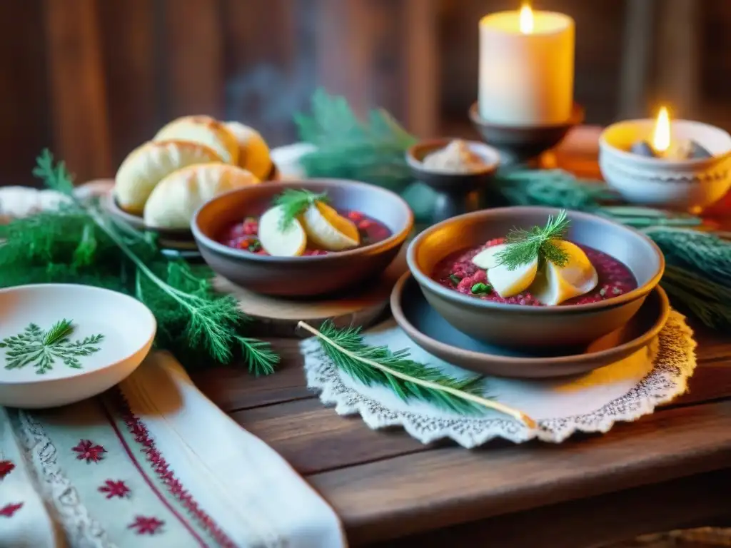 Una mesa rústica con platillos eslavos antiguos, como borscht y pierogies, evocando la cocina eslava antigua influencia moderna