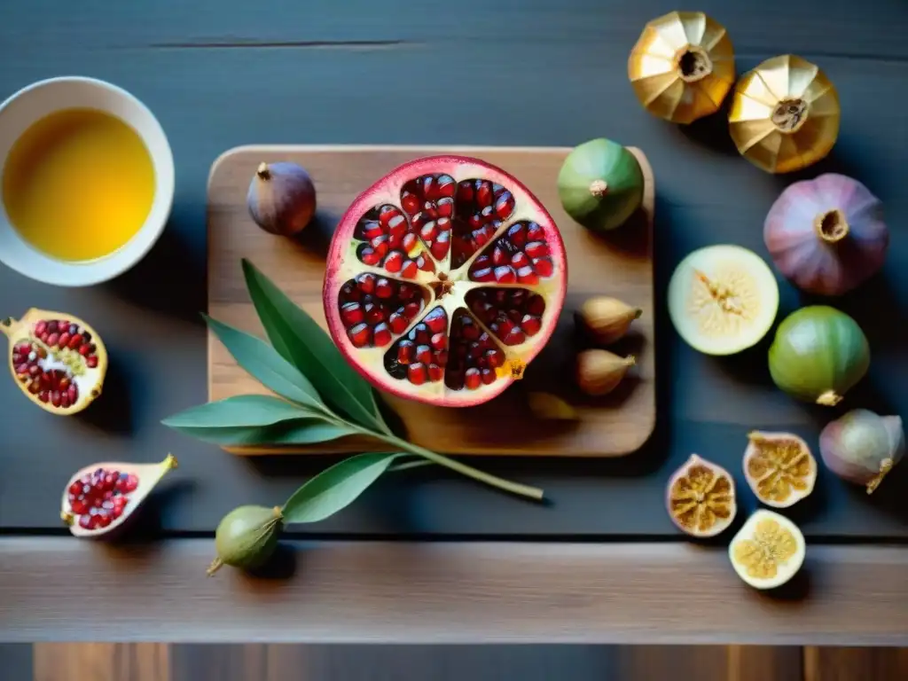 Una mesa rústica con una variedad de alimentos sagrados coloridos, evocando propiedades curativas