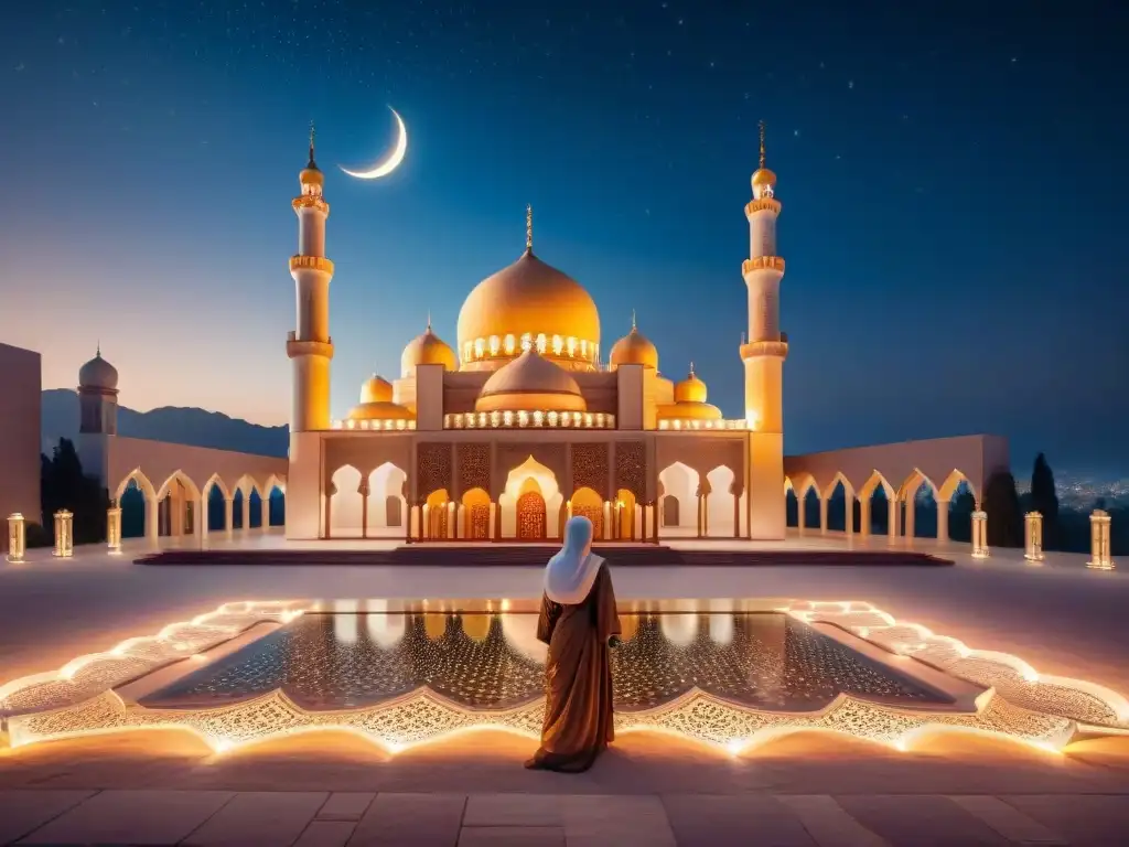 Una mezquita islámica iluminada por la luna, rodeada de estrellas