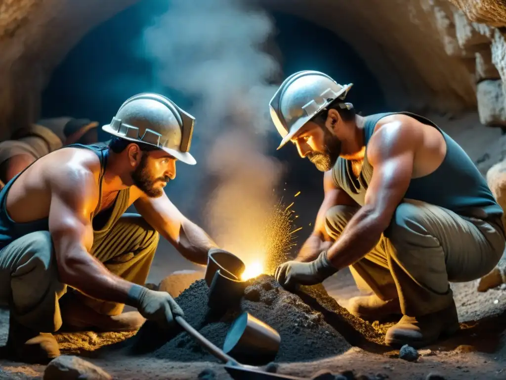 Minería de plata en Atenas: Mineros antiguos extraen plata en condiciones laboriosas y penumbra de túneles subterráneos