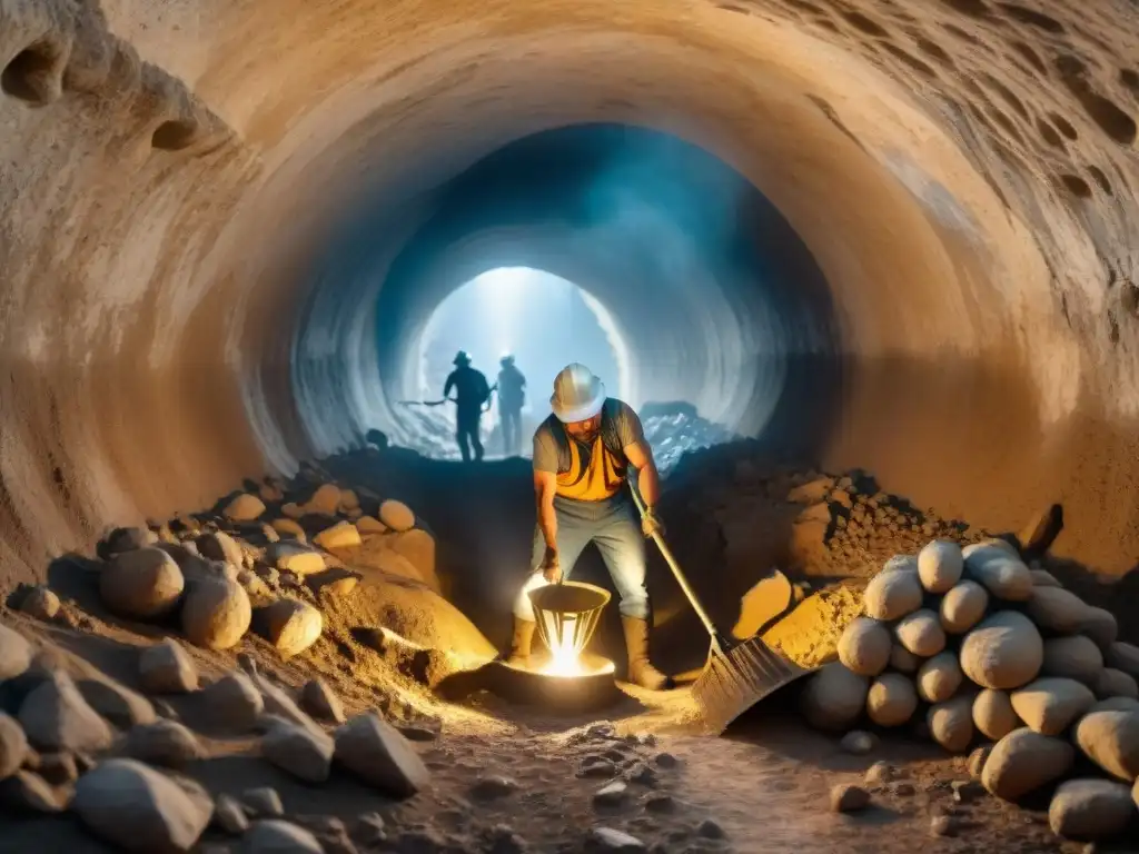 Mineros de plata en Atenas usando herramientas primitivas en oscuros túneles subterráneos