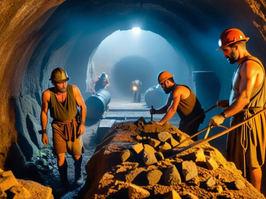 Mineros de plata en Atenas trabajando en las oscuras minas de Laurion, iluminados por antorchas