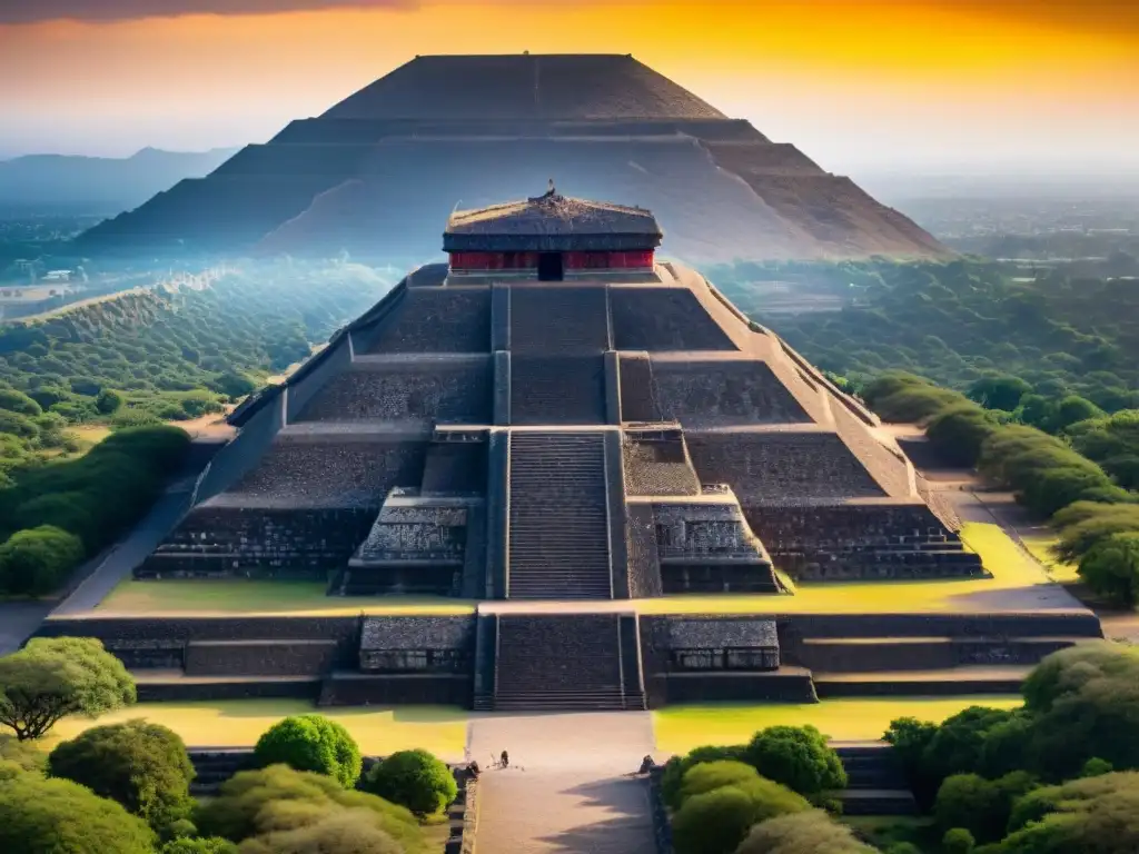 Misterio de alineaciones astronómicas Teotihuacán en el atardecer dorado, revelando la conexión ancestral con el cosmos