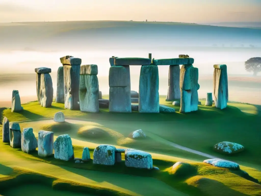 Stonehenge en solsticio de verano: alineación solar mística Misterio y astronomía en Stonehenge durante el solsticio de verano: los rayos del sol iluminan el altar prehistórico