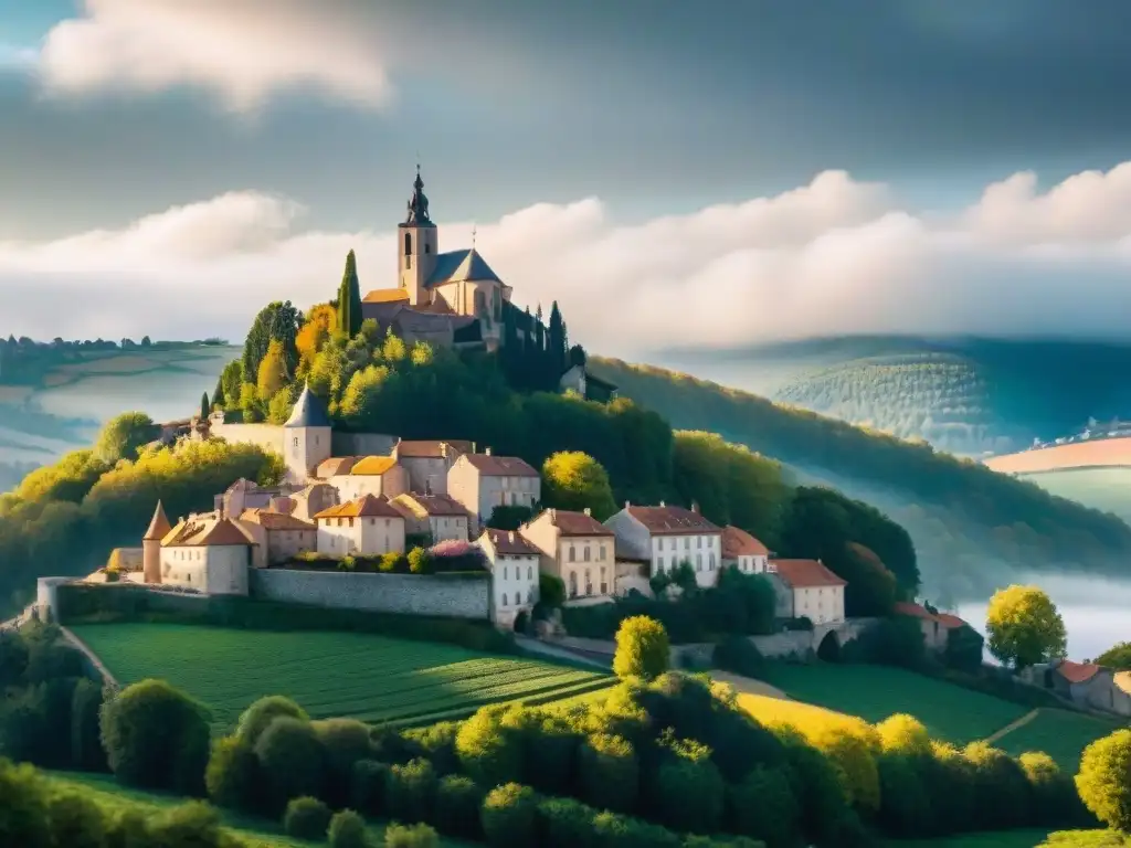 El misterio de RennesleChâteau desvelado: vista aérea del pueblo entre colinas francesas con casas de piedra y la iglesia antigua