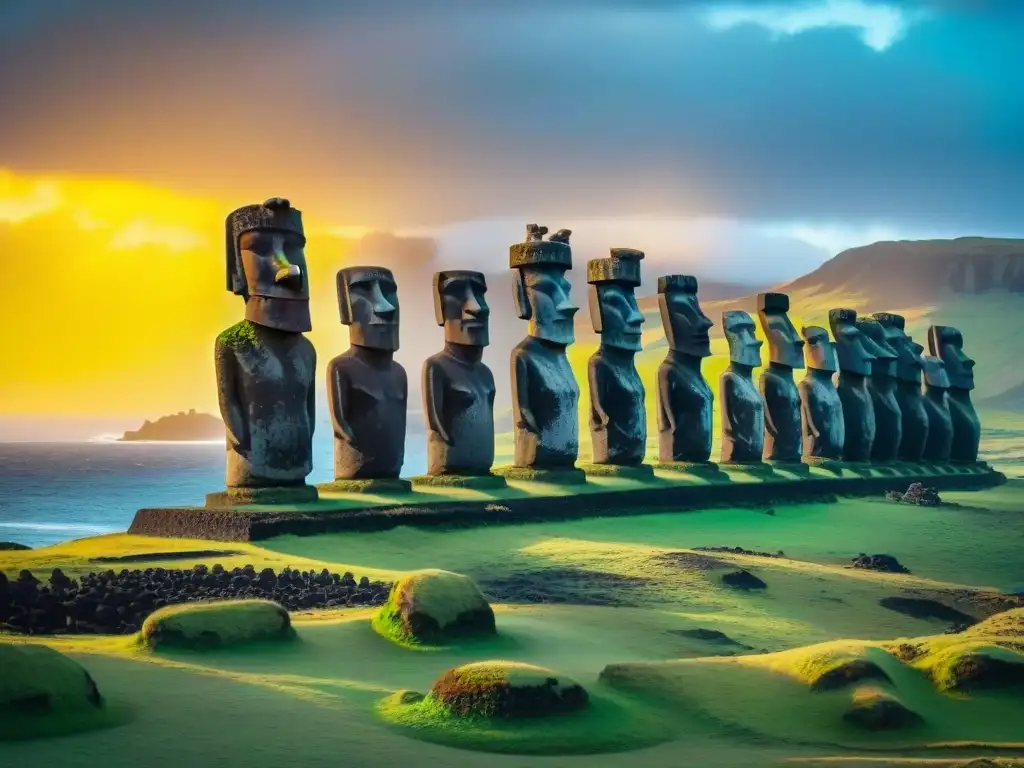 Misterio y enigma: Estatuas Moai de Isla Pascua en un atardecer vibrante