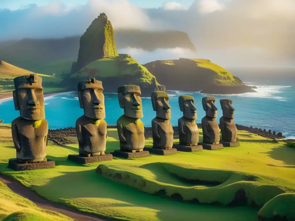 Misterio de las estatuas Moai de la Isla de Pascua, con el océano Pacífico de fondo