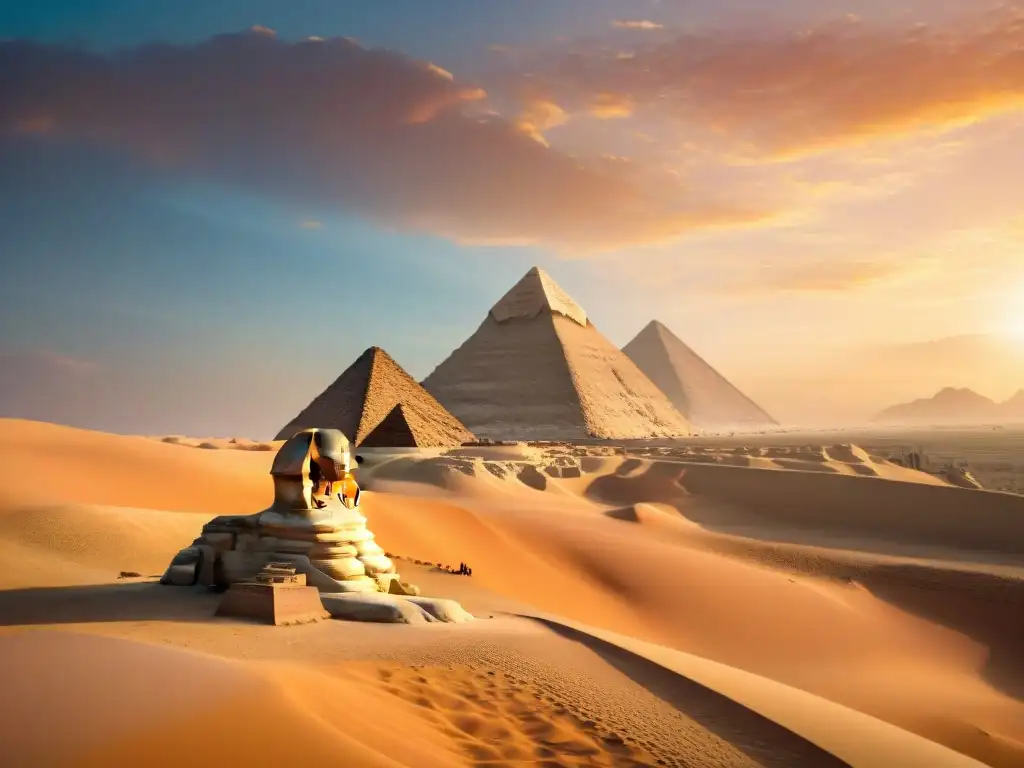 El misterio de la Esfinge de Giza en el desierto al atardecer, con su sombra majestuosa