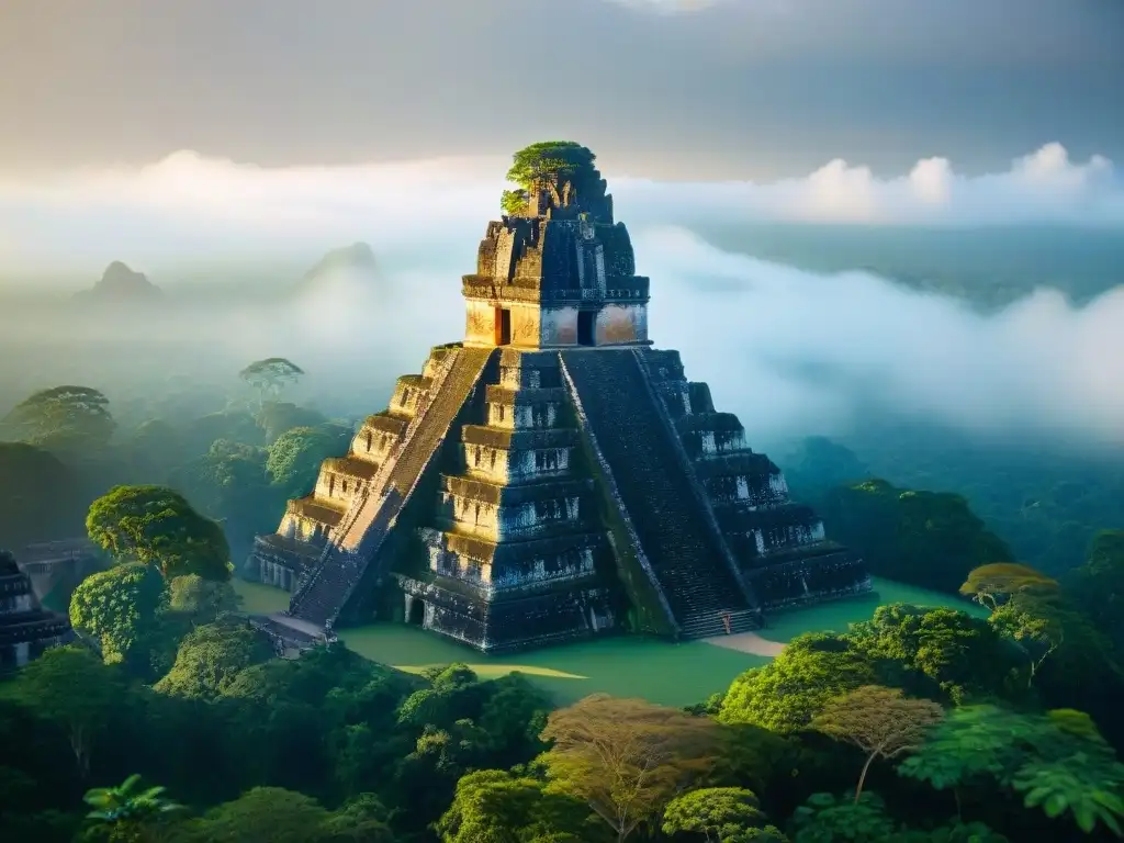 El misterio y la grandeza maya se revelan en el icónico Templo I de Tikal, bañado por la luz de la tarde entre la exuberante selva