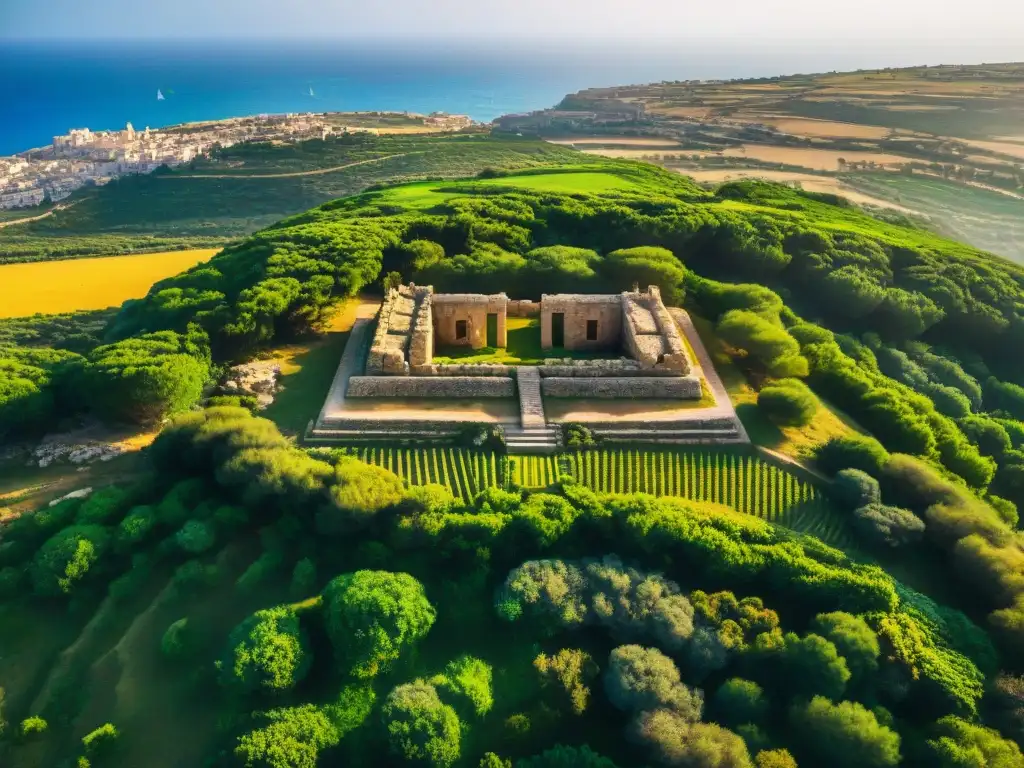 Misterio de la Isla Malta: Gigantes constructores en templo megalítico rodeado de vegetación bajo el sol mediterráneo