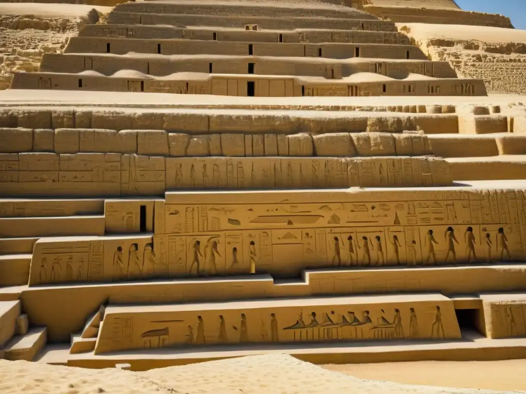 Misterio y legado evocados por las detalladas jeroglíficos en la pirámide escalonada de Djoser en Saqqara, Egipto