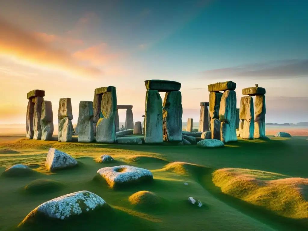 Majestuosidad ancestral: Stonehenge al amanecer El misterio y la majestuosidad de Stonehenge al amanecer, con los antiguos altares de piedra silueteados contra el cielo colorido